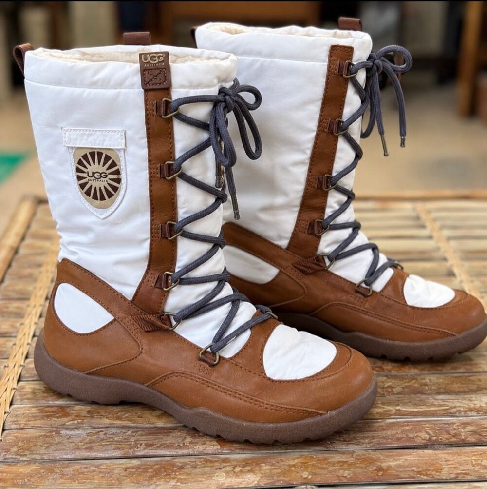 UGG Australia Women’s Size 8 White Brown Leather Tall Lace Up Winter Boots